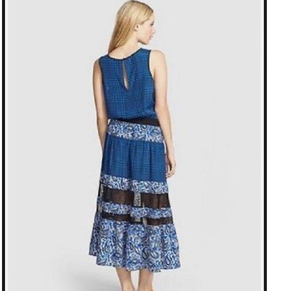 Sz S Michael Kors Blue Lazio Paisley/plaid Print Tiered Maxi Dress W/lace - Picture 9 of 9